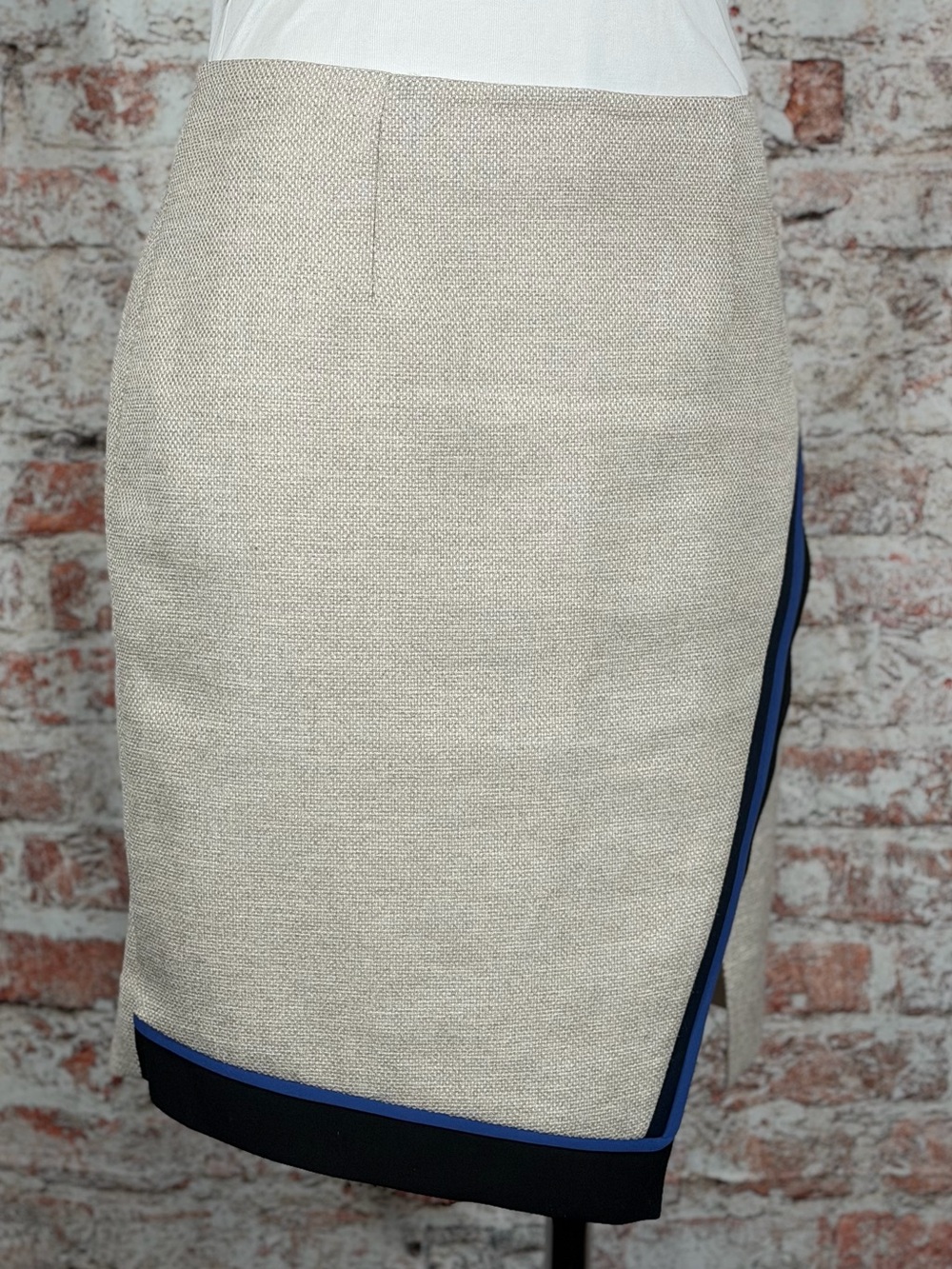 White House Black Market Cream Wrap Pencil Skirt with Blue Trim - Picture 3 of 7